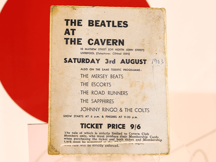 A ticket to The Beatles' last ever performance at The Cavern Club, which took place on 3rd August 1963.
The band would hire Mal as a roadie/bodyguard just eight days later on 11th August 1963.

This ticket can be seen at The Beatles Story, Liverpool.