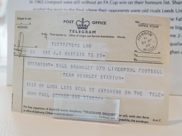 Telegram from The Beatles to Bill Shankly, on display at at the Shankly Hotel in Liverpool.