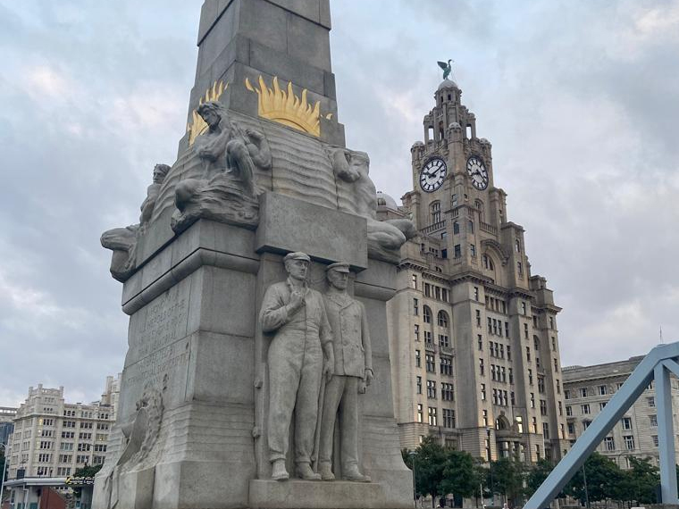 The Memorial to Heroes of the Marine Engine Room located at the Pier Head. Unveiled in 1916, this was the first monument in the UK to depict the working class.